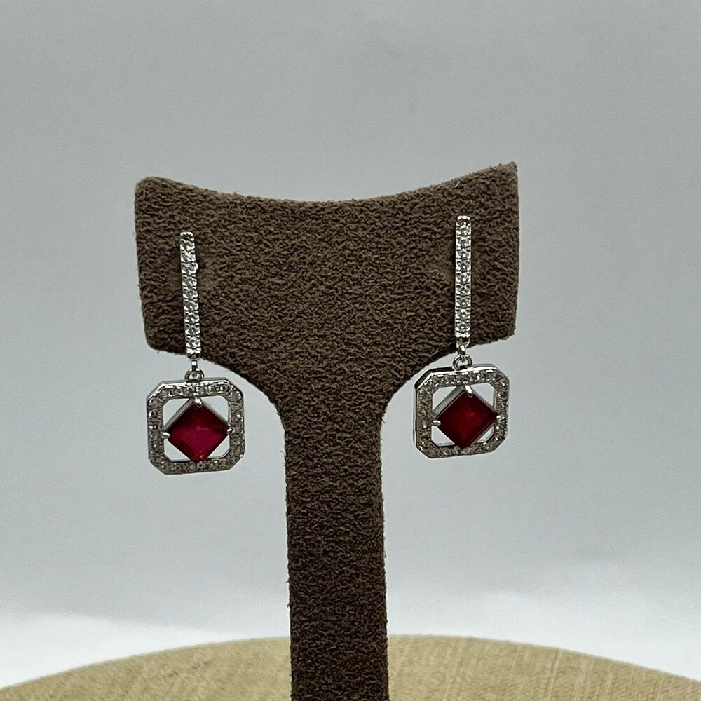 lab created ruby and CZ art deco dangle pierced Earrings
